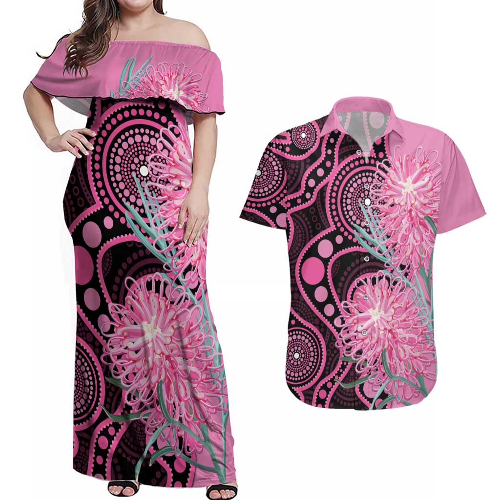 Australia Grevillea Couples Matching Off Shoulder Maxi Dress and Hawaiian Shirt Aussie Native Spider Flower Indigenous Art