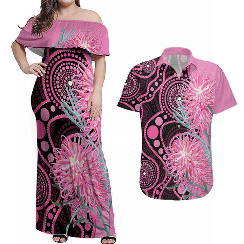 Australia Grevillea Couples Matching Off Shoulder Maxi Dress and Hawaiian Shirt Aussie Native Spider Flower Indigenous Art