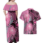 Australia Grevillea Couples Matching Off Shoulder Maxi Dress and Hawaiian Shirt Aussie Native Spider Flower Indigenous Art