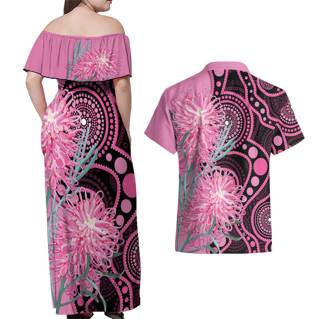 Australia Grevillea Couples Matching Off Shoulder Maxi Dress and Hawaiian Shirt Aussie Native Spider Flower Indigenous Art