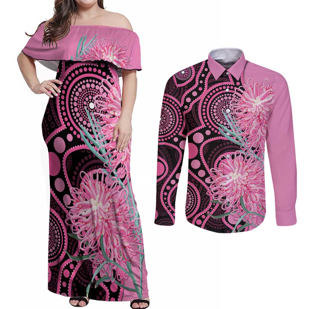 Australia Grevillea Couples Matching Off Shoulder Maxi Dress and Long Sleeve Button Shirt Aussie Native Spider Flower Indigenous Art