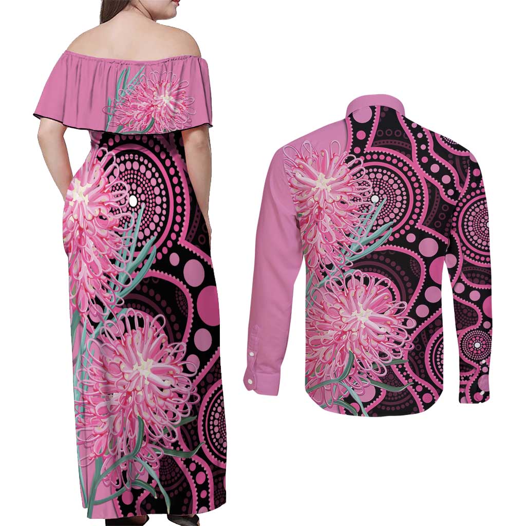 Australia Grevillea Couples Matching Off Shoulder Maxi Dress and Long Sleeve Button Shirt Aussie Native Spider Flower Indigenous Art