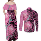 Australia Grevillea Couples Matching Off Shoulder Maxi Dress and Long Sleeve Button Shirt Aussie Native Spider Flower Indigenous Art