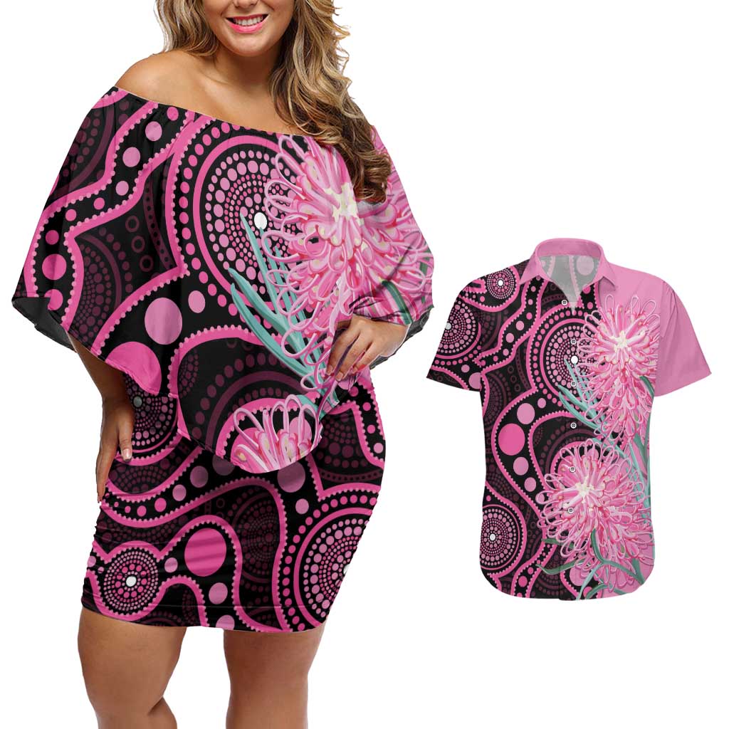 Australia Grevillea Couples Matching Off Shoulder Short Dress and Hawaiian Shirt Aussie Native Spider Flower Indigenous Art