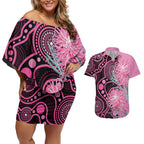 Australia Grevillea Couples Matching Off Shoulder Short Dress and Hawaiian Shirt Aussie Native Spider Flower Indigenous Art