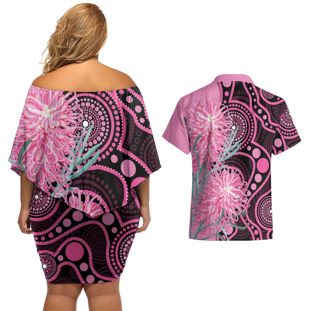 Australia Grevillea Couples Matching Off Shoulder Short Dress and Hawaiian Shirt Aussie Native Spider Flower Indigenous Art