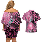 Australia Grevillea Couples Matching Off Shoulder Short Dress and Hawaiian Shirt Aussie Native Spider Flower Indigenous Art