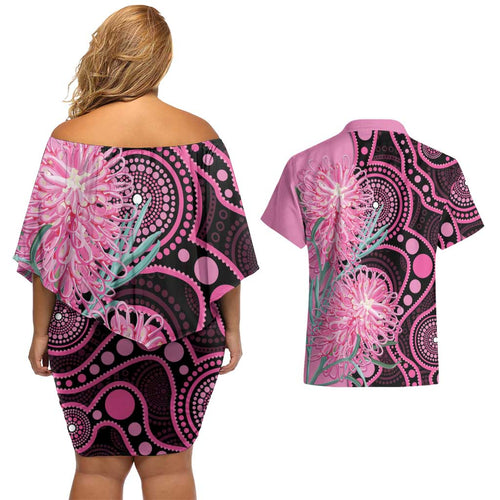 Australia Grevillea Couples Matching Off Shoulder Short Dress and Hawaiian Shirt Aussie Native Spider Flower Indigenous Art