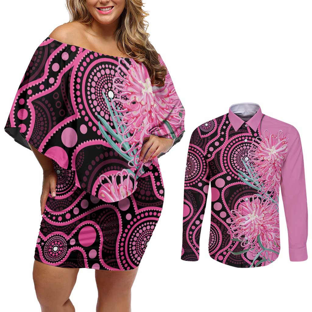 Australia Grevillea Couples Matching Off Shoulder Short Dress and Long Sleeve Button Shirt Aussie Native Spider Flower Indigenous Art
