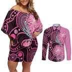 Australia Grevillea Couples Matching Off Shoulder Short Dress and Long Sleeve Button Shirt Aussie Native Spider Flower Indigenous Art