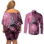 Australia Grevillea Couples Matching Off Shoulder Short Dress and Long Sleeve Button Shirt Aussie Native Spider Flower Indigenous Art