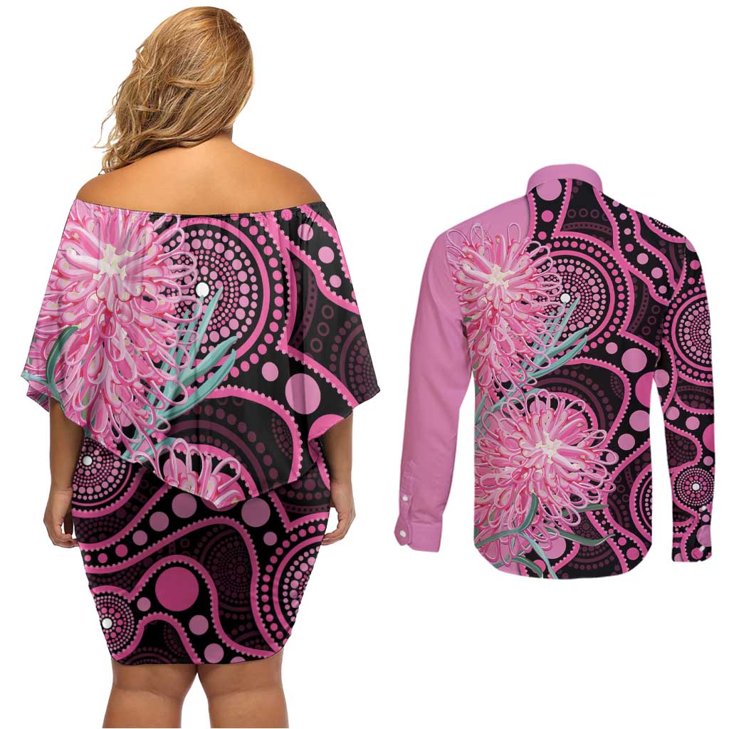 Australia Grevillea Couples Matching Off Shoulder Short Dress and Long Sleeve Button Shirt Aussie Native Spider Flower Indigenous Art