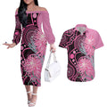 Australia Grevillea Couples Matching Off The Shoulder Long Sleeve Dress and Hawaiian Shirt Aussie Native Spider Flower Indigenous Art