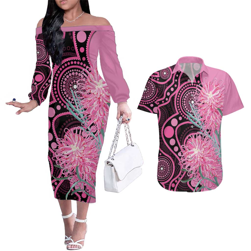 Australia Grevillea Couples Matching Off The Shoulder Long Sleeve Dress and Hawaiian Shirt Aussie Native Spider Flower Indigenous Art