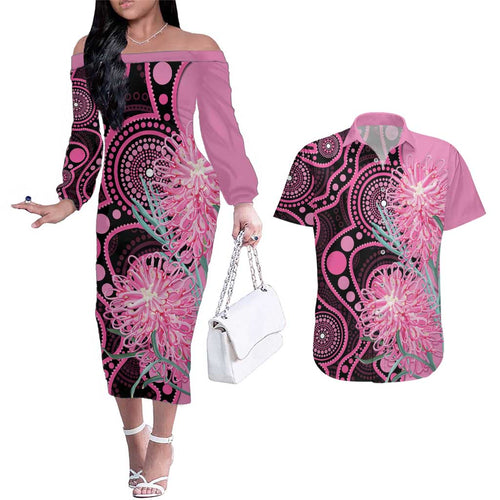 Australia Grevillea Couples Matching Off The Shoulder Long Sleeve Dress and Hawaiian Shirt Aussie Native Spider Flower Indigenous Art