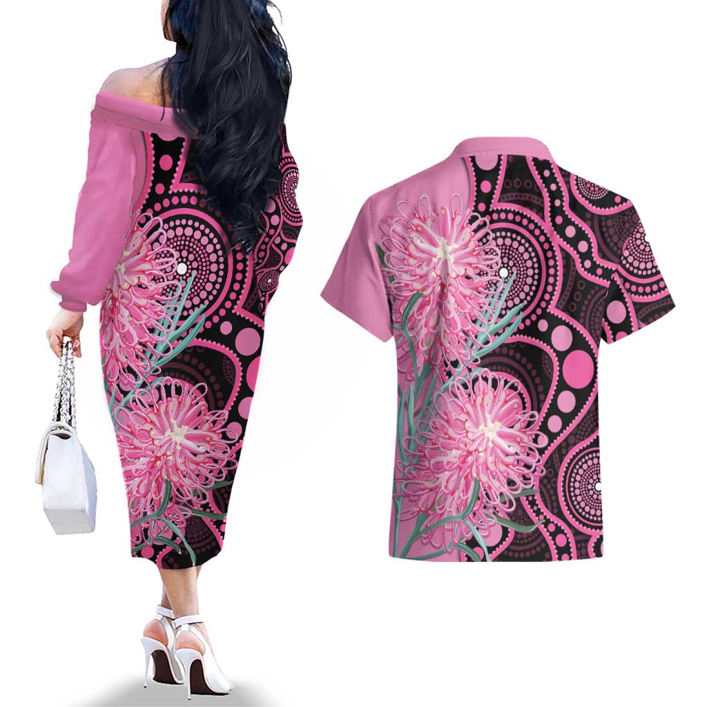 Australia Grevillea Couples Matching Off The Shoulder Long Sleeve Dress and Hawaiian Shirt Aussie Native Spider Flower Indigenous Art