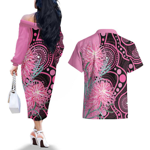 Australia Grevillea Couples Matching Off The Shoulder Long Sleeve Dress and Hawaiian Shirt Aussie Native Spider Flower Indigenous Art