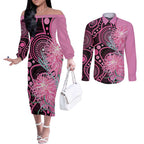 Australia Grevillea Couples Matching Off The Shoulder Long Sleeve Dress and Long Sleeve Button Shirt Aussie Native Spider Flower Indigenous Art