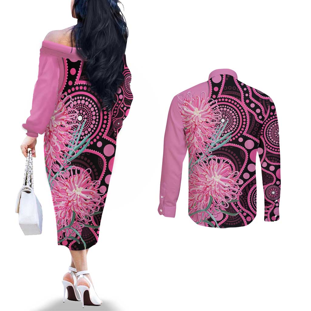 Australia Grevillea Couples Matching Off The Shoulder Long Sleeve Dress and Long Sleeve Button Shirt Aussie Native Spider Flower Indigenous Art