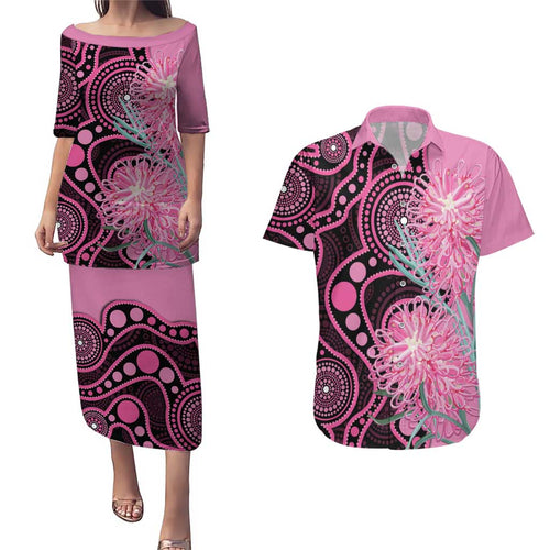 Australia Grevillea Couples Matching Puletasi and Hawaiian Shirt Aussie Native Spider Flower Indigenous Art