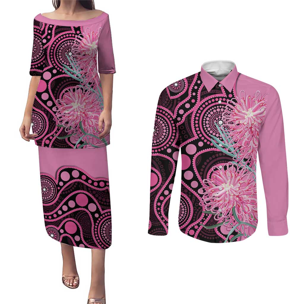 Australia Grevillea Couples Matching Puletasi and Long Sleeve Button Shirt Aussie Native Spider Flower Indigenous Art