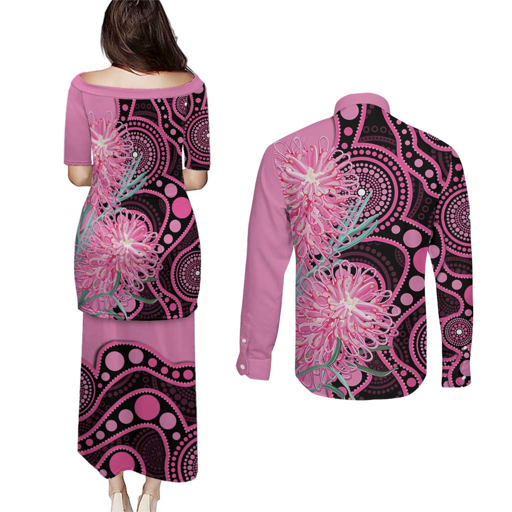 Australia Grevillea Couples Matching Puletasi and Long Sleeve Button Shirt Aussie Native Spider Flower Indigenous Art