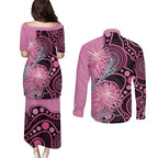Australia Grevillea Couples Matching Puletasi and Long Sleeve Button Shirt Aussie Native Spider Flower Indigenous Art