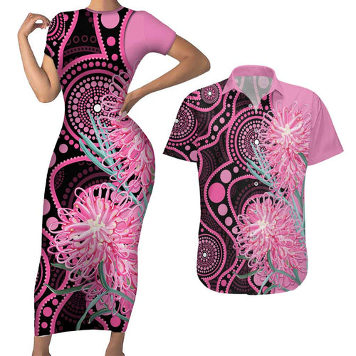 Australia Grevillea Couples Matching Short Sleeve Bodycon Dress and Hawaiian Shirt Aussie Native Spider Flower Indigenous Art