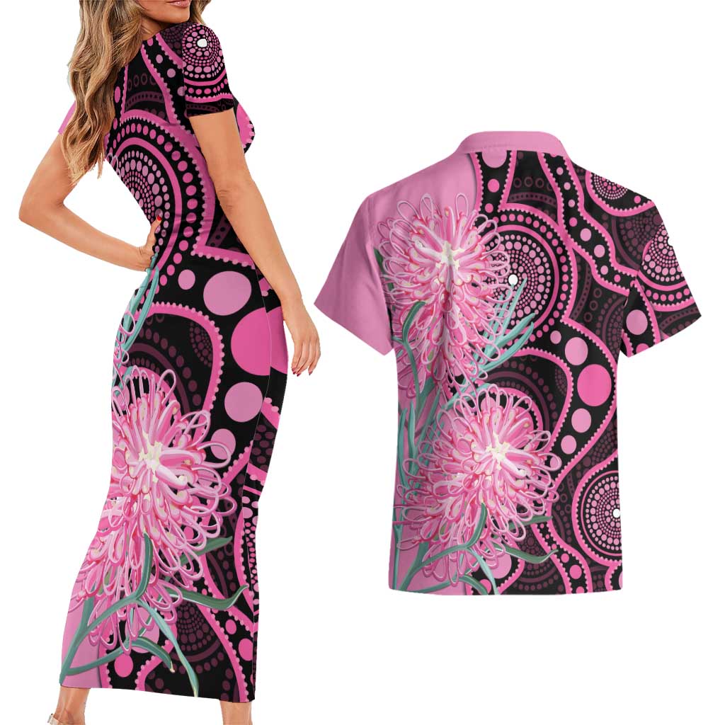 Australia Grevillea Couples Matching Short Sleeve Bodycon Dress and Hawaiian Shirt Aussie Native Spider Flower Indigenous Art