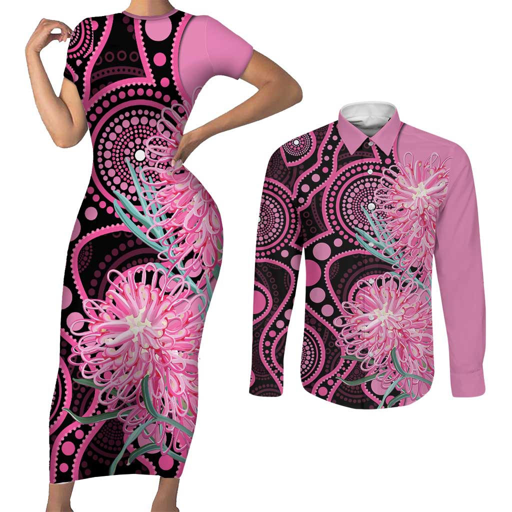 Australia Grevillea Couples Matching Short Sleeve Bodycon Dress and Long Sleeve Button Shirt Aussie Native Spider Flower Indigenous Art