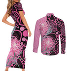 Australia Grevillea Couples Matching Short Sleeve Bodycon Dress and Long Sleeve Button Shirt Aussie Native Spider Flower Indigenous Art