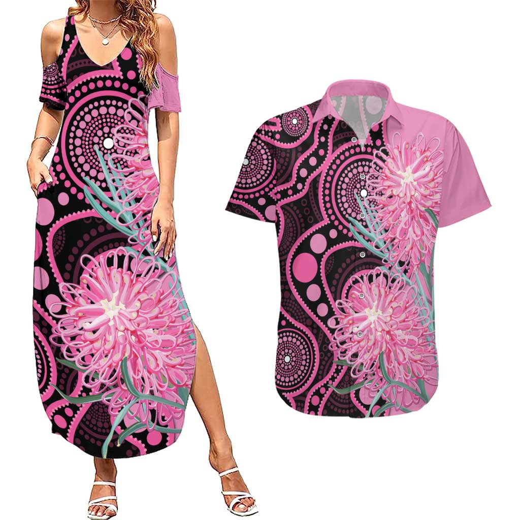 Australia Grevillea Couples Matching Summer Maxi Dress and Hawaiian Shirt Aussie Native Spider Flower Indigenous Art