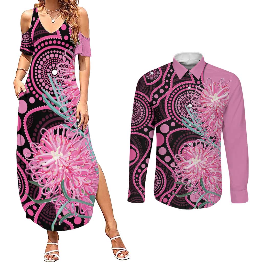 Australia Grevillea Couples Matching Summer Maxi Dress and Long Sleeve Button Shirt Aussie Native Spider Flower Indigenous Art