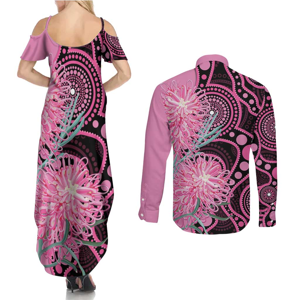 Australia Grevillea Couples Matching Summer Maxi Dress and Long Sleeve Button Shirt Aussie Native Spider Flower Indigenous Art