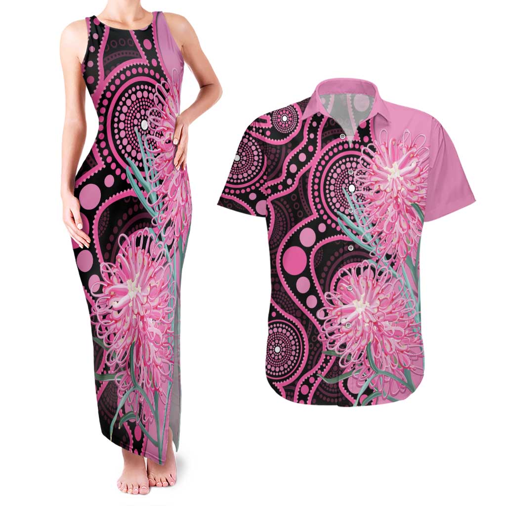 Australia Grevillea Couples Matching Tank Maxi Dress and Hawaiian Shirt Aussie Native Spider Flower Indigenous Art