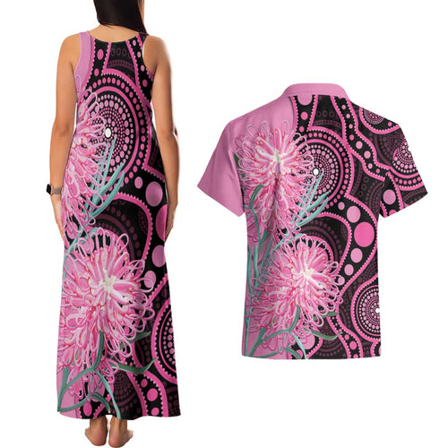 Australia Grevillea Couples Matching Tank Maxi Dress and Hawaiian Shirt Aussie Native Spider Flower Indigenous Art