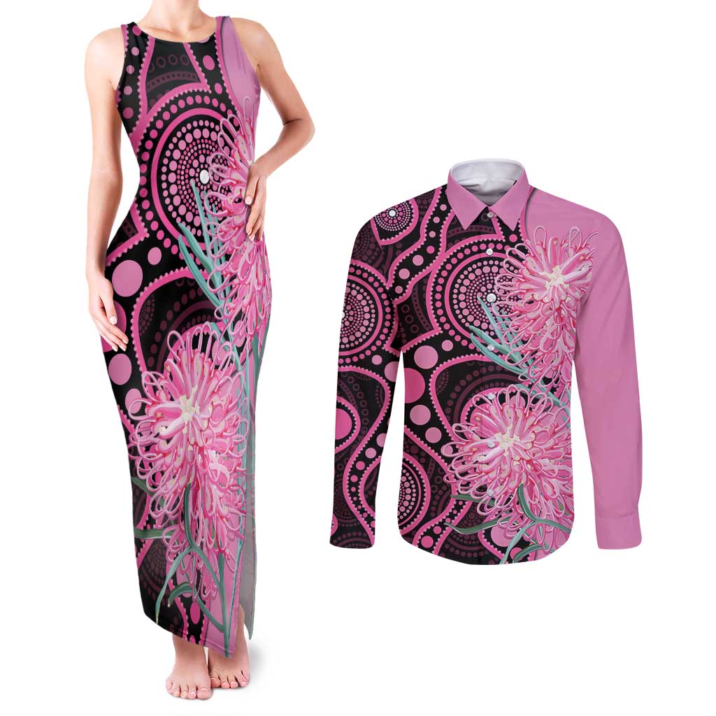 Australia Grevillea Couples Matching Tank Maxi Dress and Long Sleeve Button Shirt Aussie Native Spider Flower Indigenous Art
