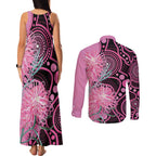 Australia Grevillea Couples Matching Tank Maxi Dress and Long Sleeve Button Shirt Aussie Native Spider Flower Indigenous Art