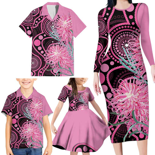 Australia Grevillea Family Matching Long Sleeve Bodycon Dress and Hawaiian Shirt Aussie Native Spider Flower Indigenous Art