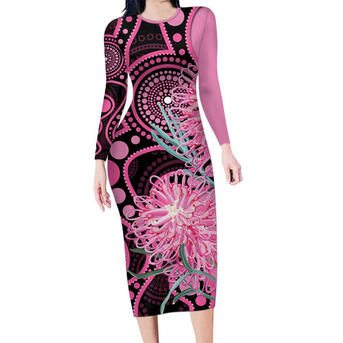 Australia Grevillea Family Matching Long Sleeve Bodycon Dress and Hawaiian Shirt Aussie Native Spider Flower Indigenous Art