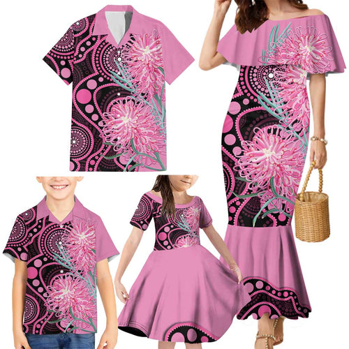 Australia Grevillea Family Matching Mermaid Dress and Hawaiian Shirt Aussie Native Spider Flower Indigenous Art