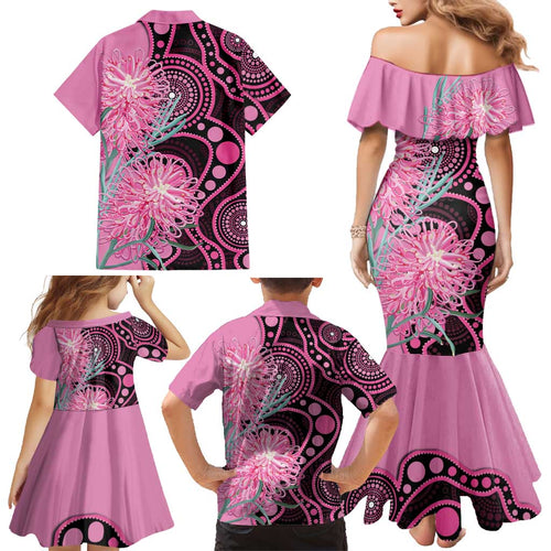 Australia Grevillea Family Matching Mermaid Dress and Hawaiian Shirt Aussie Native Spider Flower Indigenous Art