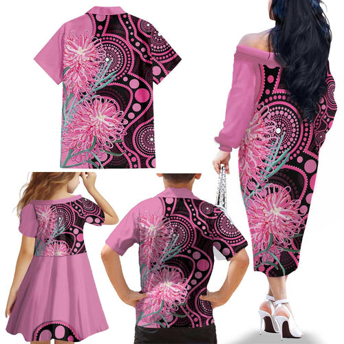 Australia Grevillea Family Matching Off The Shoulder Long Sleeve Dress and Hawaiian Shirt Aussie Native Spider Flower Indigenous Art
