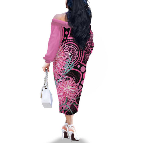 Australia Grevillea Family Matching Off The Shoulder Long Sleeve Dress and Hawaiian Shirt Aussie Native Spider Flower Indigenous Art