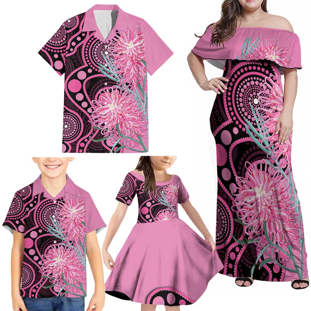 Australia Grevillea Family Matching Off Shoulder Maxi Dress and Hawaiian Shirt Aussie Native Spider Flower Indigenous Art