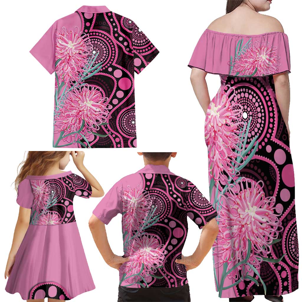 Australia Grevillea Family Matching Off Shoulder Maxi Dress and Hawaiian Shirt Aussie Native Spider Flower Indigenous Art