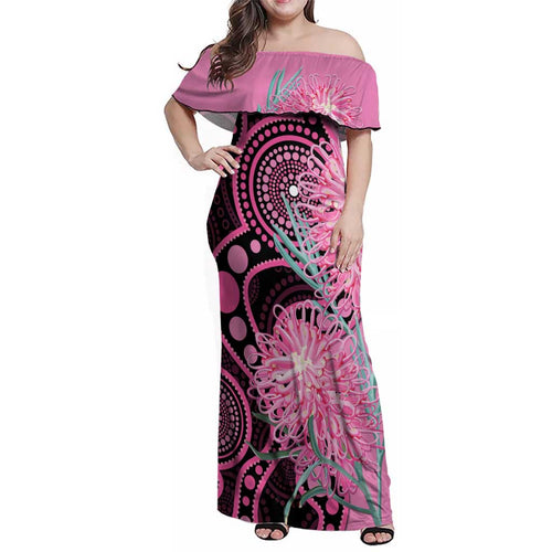 Australia Grevillea Family Matching Off Shoulder Maxi Dress and Hawaiian Shirt Aussie Native Spider Flower Indigenous Art
