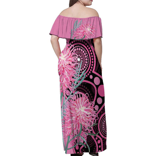 Australia Grevillea Family Matching Off Shoulder Maxi Dress and Hawaiian Shirt Aussie Native Spider Flower Indigenous Art