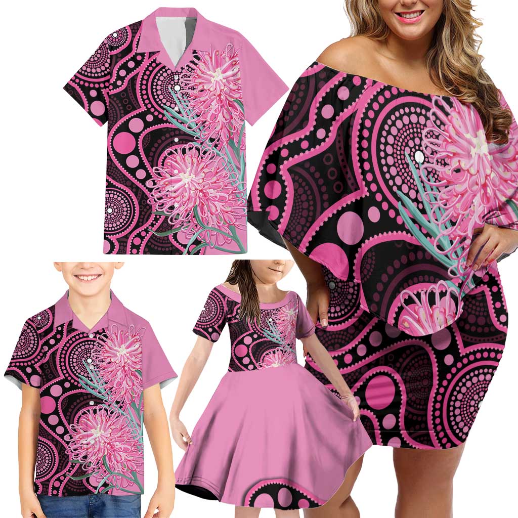 Australia Grevillea Family Matching Off Shoulder Short Dress and Hawaiian Shirt Aussie Native Spider Flower Indigenous Art