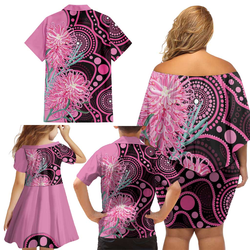 Australia Grevillea Family Matching Off Shoulder Short Dress and Hawaiian Shirt Aussie Native Spider Flower Indigenous Art